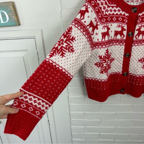 Old Navy Fair Isle Reindeer Snowflake Knit Christmas Cardigan Sweater Size M - Picture 7 of 10